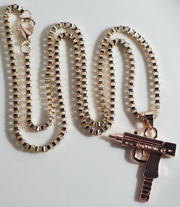 AZ336 Gold Chain Rose Gold Supreme Gun Pendant Necklace with FREE Earrings