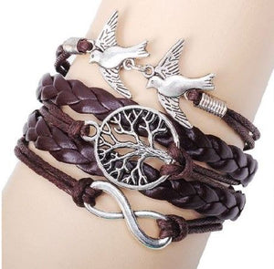 AZ726 Brown Dove Tree of Life Infinity Leather Layer Bracelet