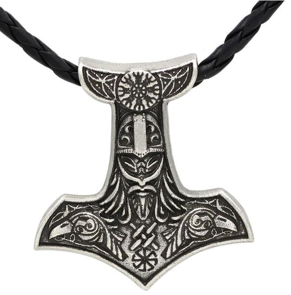 AZ1089 Silver Viking Hammer on Leather Cord Necklace