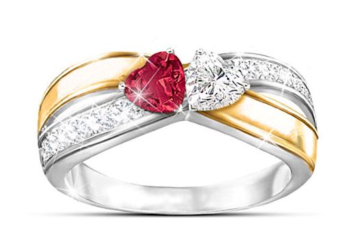 R309 Silver & Gold Red Heart Rhinestone Ring - Iris Fashion Jewelry
