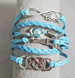 AZ1174 Light Blue Love Eiffel Tower Pearl Heart Infinity Layer Leather Bracelet