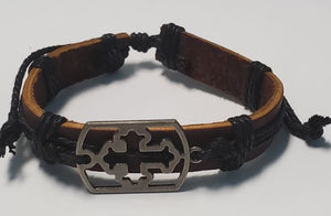 B20 Brown Leather Cross Black Cord Bracelet - Iris Fashion Jewelry