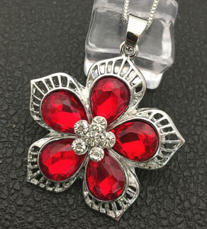 N03 Silver Red Gemstone Flower Necklace with FREE Earrings
