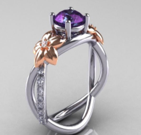 R324 Silver Lavender Gem Rose Gold Flowers Ring - Iris Fashion Jewelry
