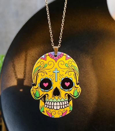 N1670 Yellow Sugar Skull Acrylic Long Necklace with FREE Earrings