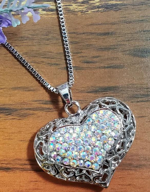 N531 Silver Iridescent Rhinestone Funky Heart Necklace with Free Earrings