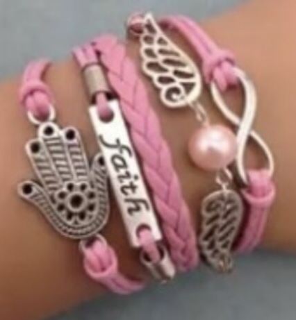 AZ1330 Light Pink Faith Hand Wing Infinity Layer Leather Bracelet