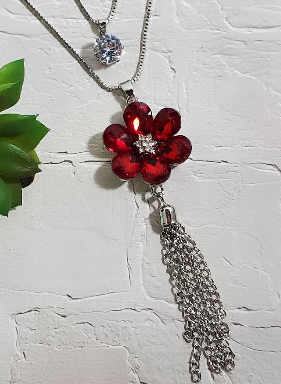 AZ684 Silver Red Gemstone Flower Tassel Necklace with FREE EARRINGS