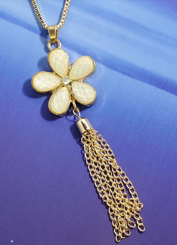 AZ396 Gold White Shimmer Flower Tassel Necklace with Free Earrings
