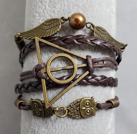 AZ1475 Brown Wing Deathly Hallows Owl Infinity Layer Leather Bracelet