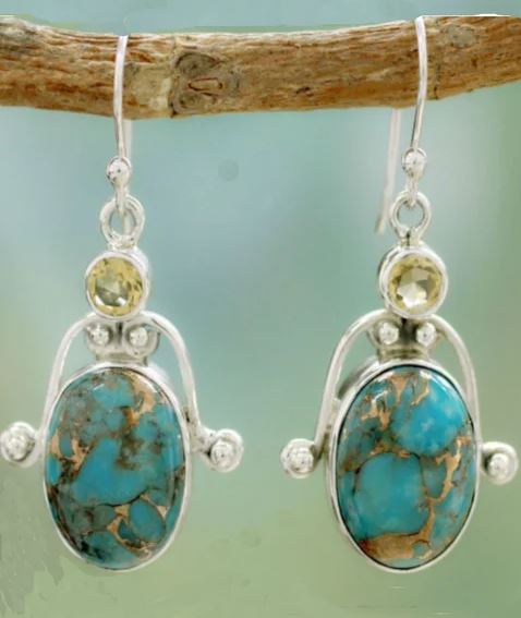 E1061 Silver Turquoise Crackle Gem Earrings - Iris Fashion Jewelry