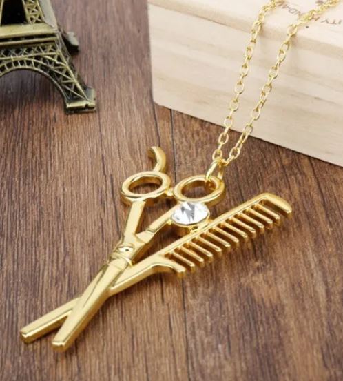 AZ948 Gold Scissor Comb Hair Dresser Necklace with FREE EARRINGS