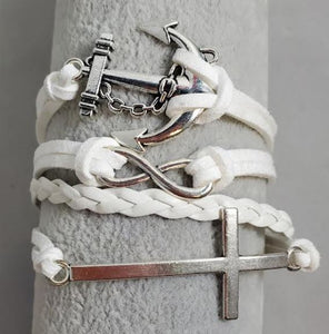 AZ1028 White Cross Anchor Infinity Layer Leather Bracelet