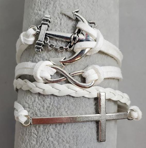 AZ1028 White Cross Anchor Infinity Layer Leather Bracelet