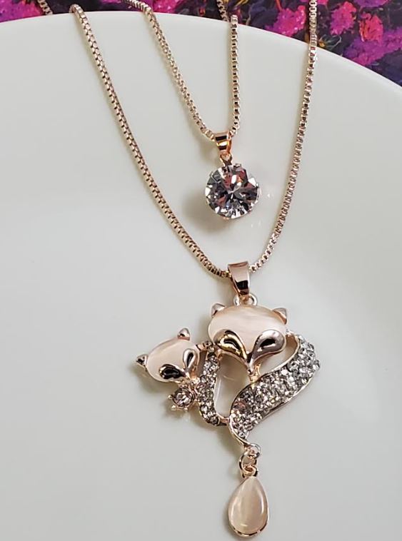 AZ592 Rose Gold Moonstone Fox Necklace with FREE Earrings