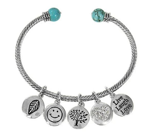 B04 Silver Charm Turquoise Stone Twisted Cuff Bracelet