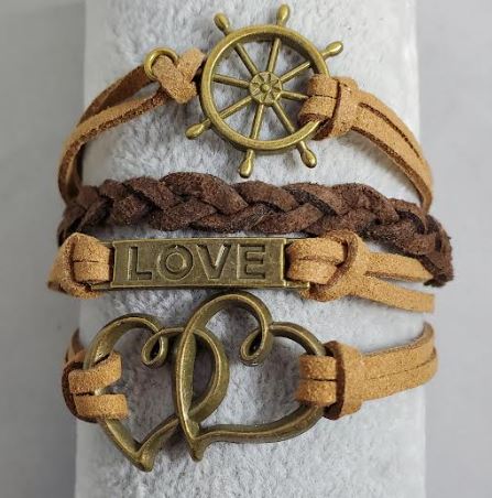 AZ1044 Brown Ship Wheel Love Heart Infinity Layer Leather Bracelet