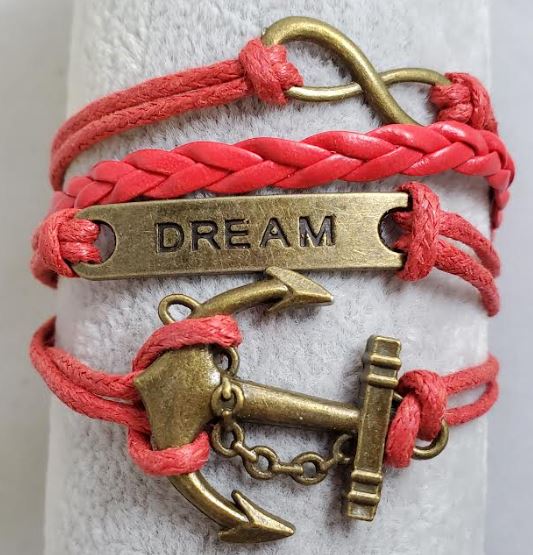 AZ1353 Red Dream Anchor Infinity Layer Leather Bracelet