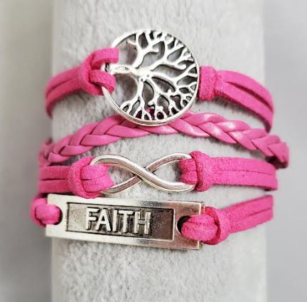 AZ747 Hot Pink Tree Faith Infinity Layer Leather Bracelet