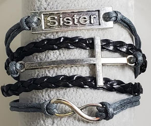 B279 Gray & Black Sister Cross Infinity Leather Layer Bracelet