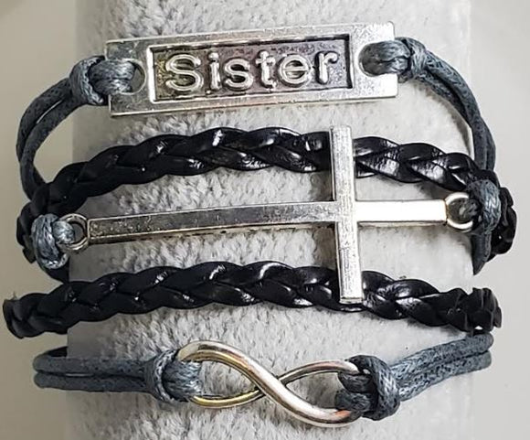 B279 Gray & Black Sister Cross Infinity Leather Layer Bracelet