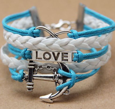 AZ1515 Turquoise Blue & White Love Anchor Infinity Layer Leather Bracelet
