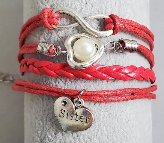 AZ381 Red Sister Heart Pearl Infinity Leather Layer Bracelet