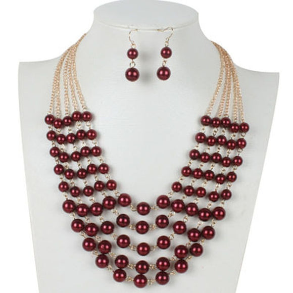 N1024 Gold Red Pearlized Bead Multi Layer Necklace with FREE Earrings - Iris Fashion Jewelry