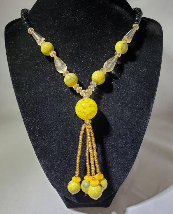 N2106 Yellow Crackle Bead Glass Long Necklace With Free Earrings - Iris Fashion Jewelry