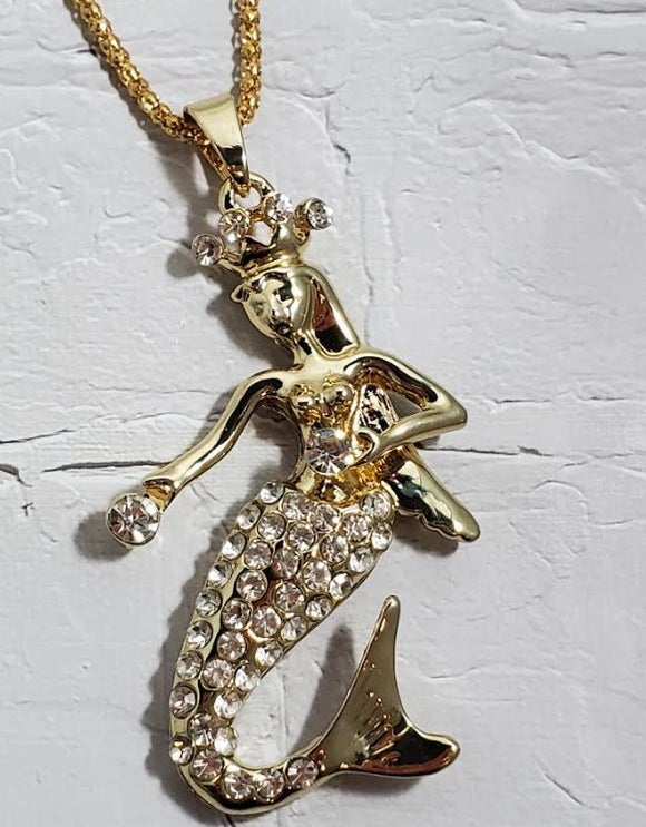 AZ829 Gold Rhinestone Mermaid Necklace with FREE Earrings