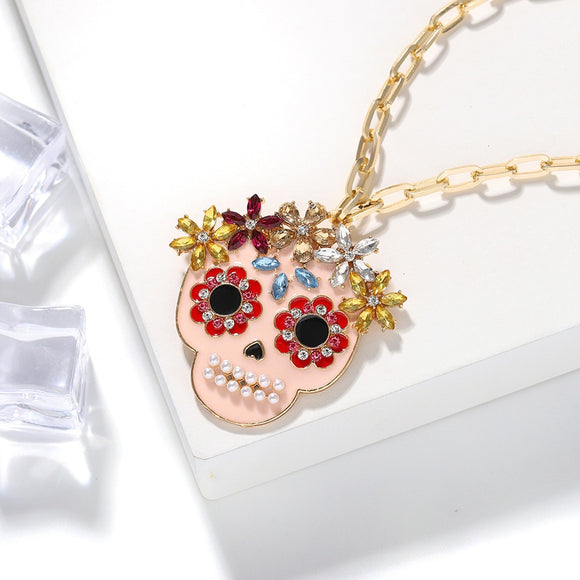 N2136 Gold Gemstone Decorated Sugar Skull Necklace with FREE Earrings - Iris Fashion Jewelry