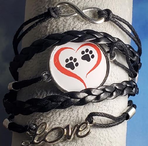 B135 Black Paw Prints Heart Layer Leather Bracelet - Iris Fashion Jewelry