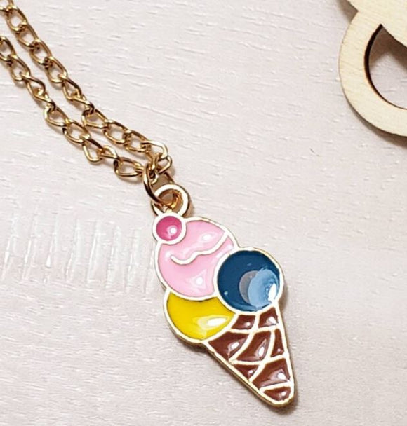 L487 Gold Baked Enamel Ice Cream Cone with a Cherry on Top Necklace FREE Earrings