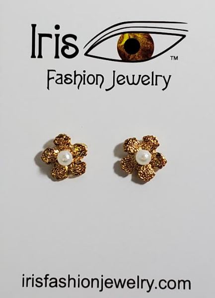 AZ1523 Gold Textured Flower with Pearl Earrings