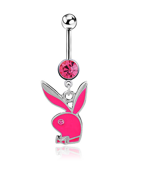 P153 Silver Hot Pink Enamel Bunny Rabbit Belly Button Ring - Iris Fashion Jewelry