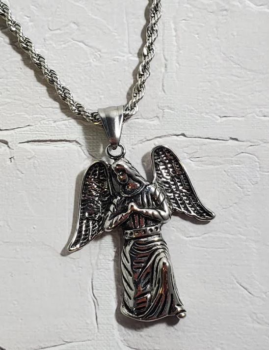 AZ69 Silver Praying Angel Pendant Necklace with FREE EARRINGS - Iris Fashion Jewelry