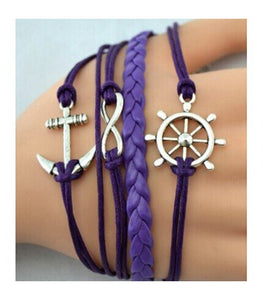B1318 Purple Ship Wheel Anchor Infinity Leather Layer Bracelet