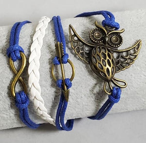 B1296 Blue Owl Arrow Infinity Leather Layer Bracelet - Iris Fashion Jewelry