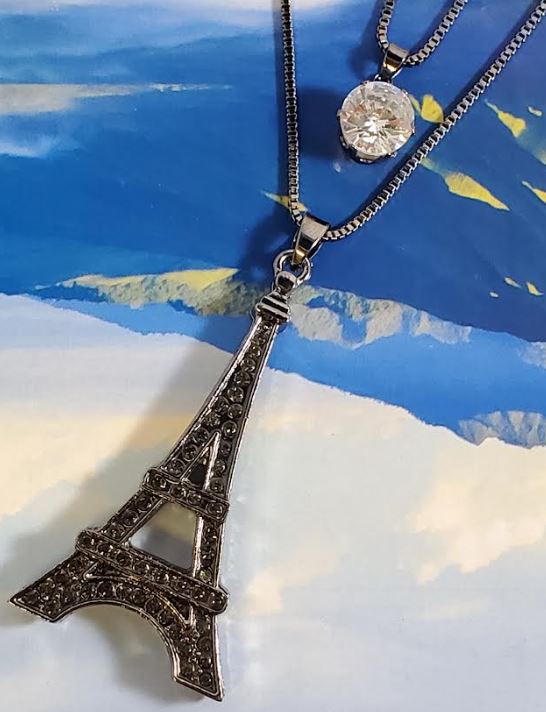 AZ1192 Gun Metal Gray Rhinestone Eiffel Tower Necklace with FREE Earrings