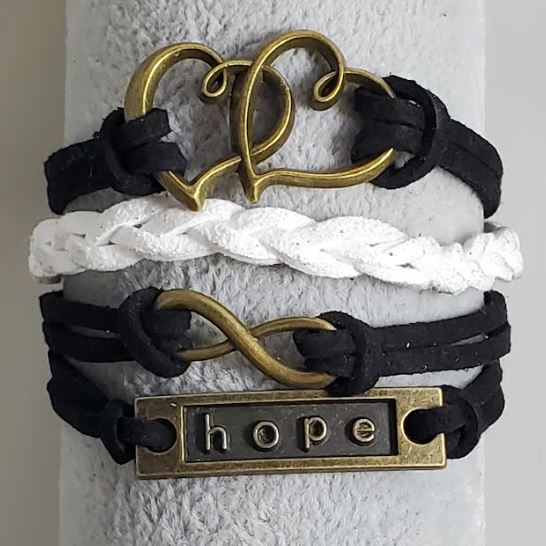 AZ549 Black & White Heart Hope Infinity Leather Layer Bracelet