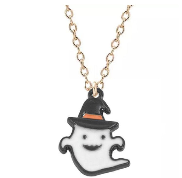 Z12 Gold White Baked Enamel Ghost Necklace with FREE EARRINGS