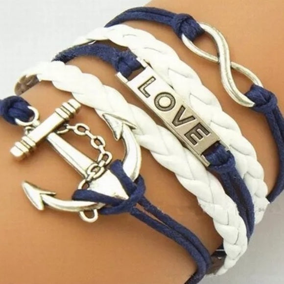 B235 Blue & White Love Anchor Infinity Layer Bracelet - Iris Fashion Jewelry