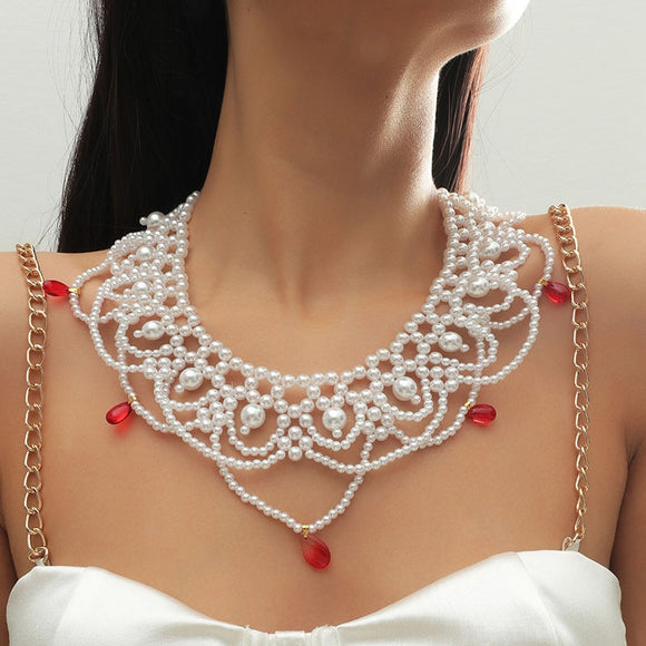 N1704 Pearl Red Gem Statement Necklace with FREE Earrings - Iris Fashion Jewelry