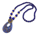 N303 Black Bead Royal Blue Decorated Teardrop Glass Long Necklace With Free Earrings
