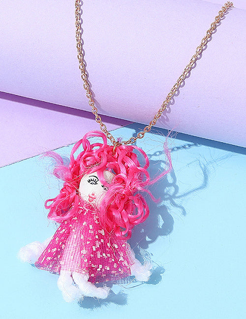 L521 Gold Hot Pink Hair Doll Necklace FREE EARRINGS - Iris Fashion Jewelry