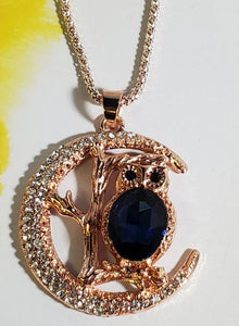 AZ248 Rose Gold Blue Gemstone Owl Necklace with FREE EARRINGS