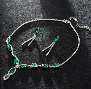 N187 Silver Green Gemstone Rhinestone Necklace with FREE Earrings - Iris Fashion Jewelry