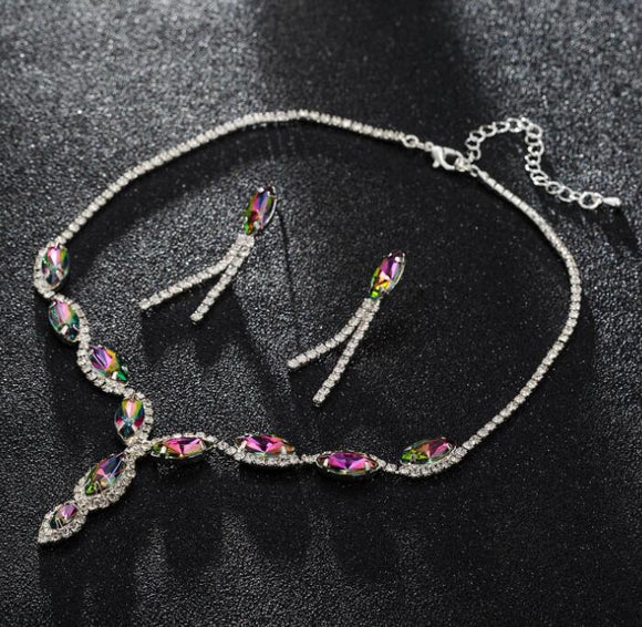 N180 Silver Multi Color Gemstone Rhinestone Necklace with FREE Earrings - Iris Fashion Jewelry