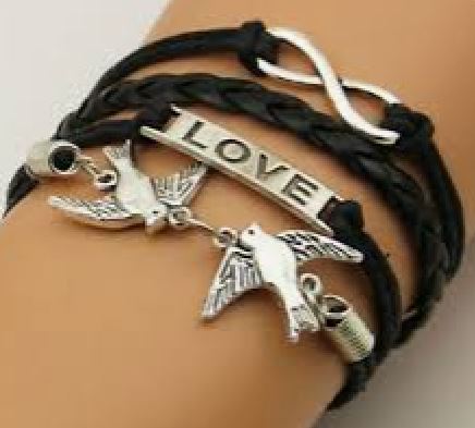 AZ460 Black Love Dove Infinity Leather Layer Bracelet