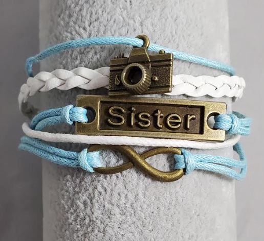 AZ1171 Light Blue & White Sister Camera Infinity Layer Leather Bracelet